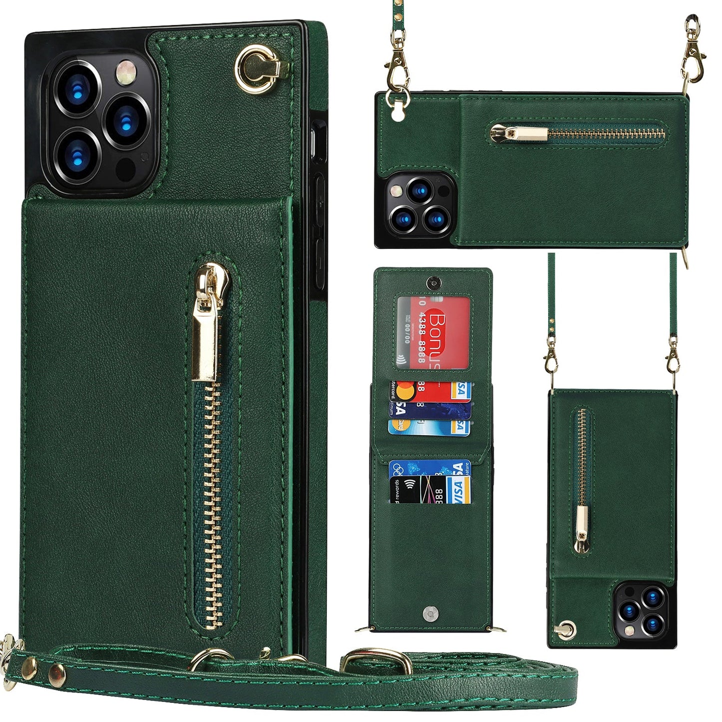 Funda con cremallera delgada para iPhone con correa cruzada