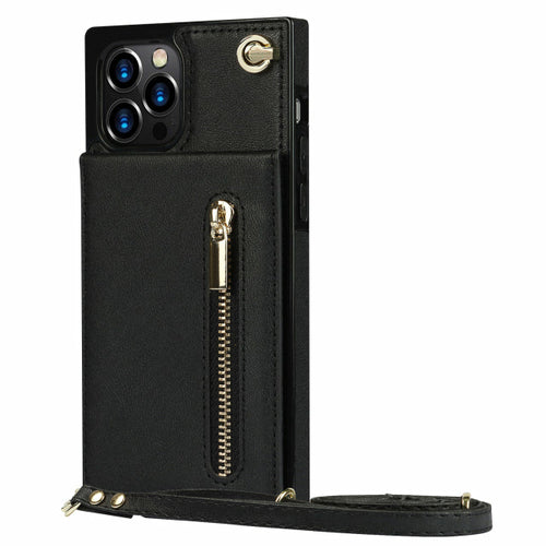 Funda con cremallera delgada para iPhone con correa cruzada