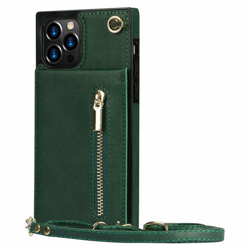Funda con cremallera delgada para iPhone con correa cruzada