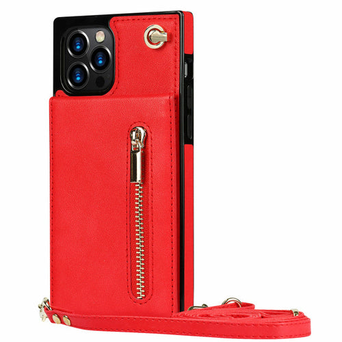 Funda con cremallera delgada para iPhone con correa cruzada