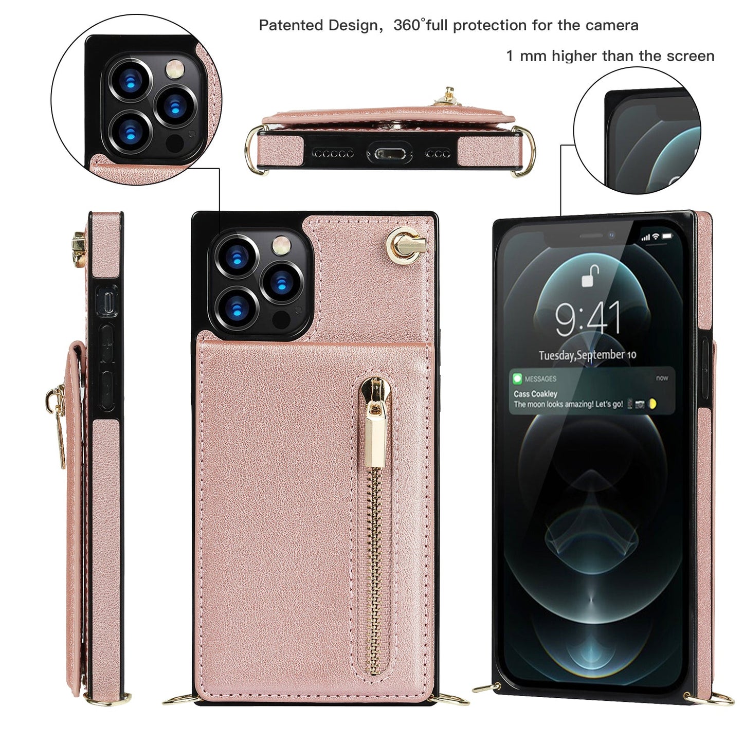 Funda con cremallera delgada para iPhone con correa cruzada