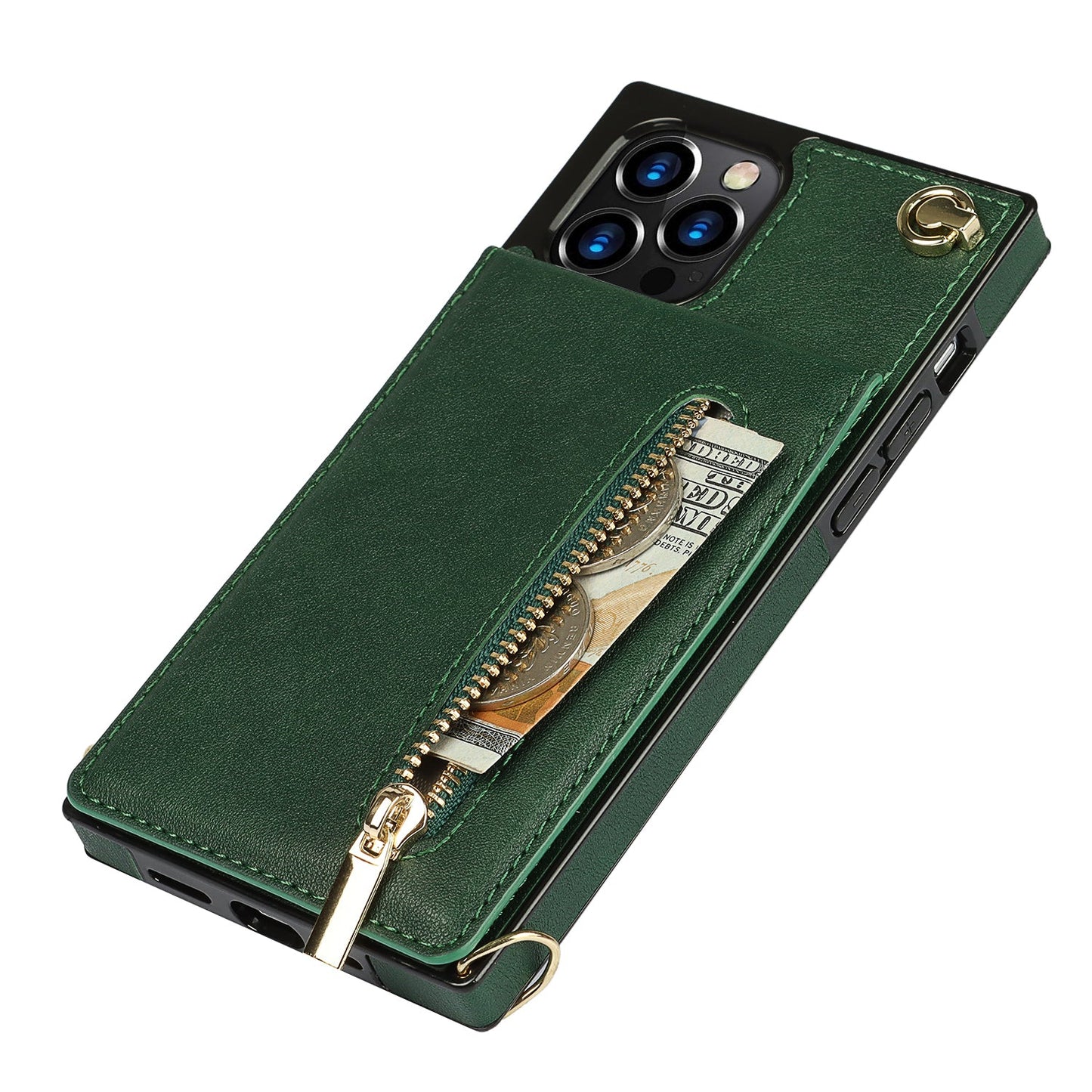 Funda con cremallera delgada para iPhone con correa cruzada