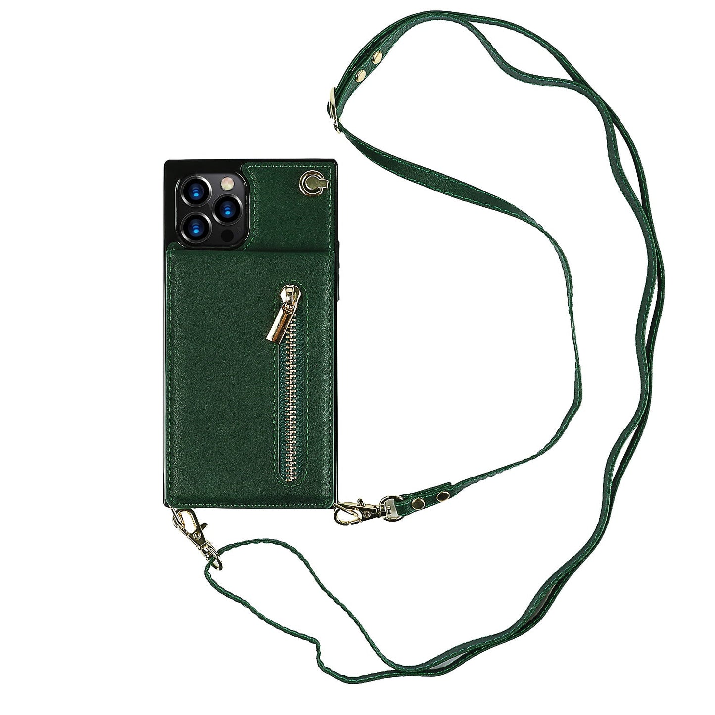 Funda con cremallera delgada para iPhone con correa cruzada