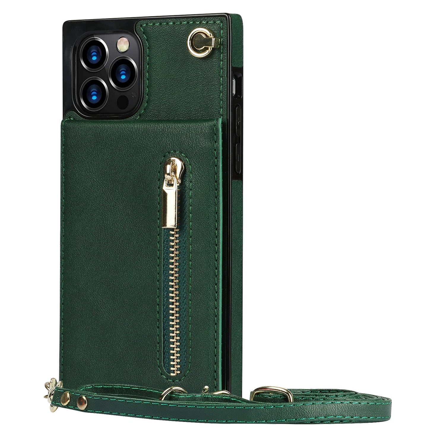 Funda con cremallera delgada para iPhone con correa cruzada