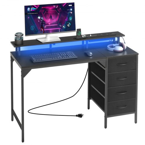 120 cm Computer Desk with Smart LED Lights and Power Outlets, Gaming