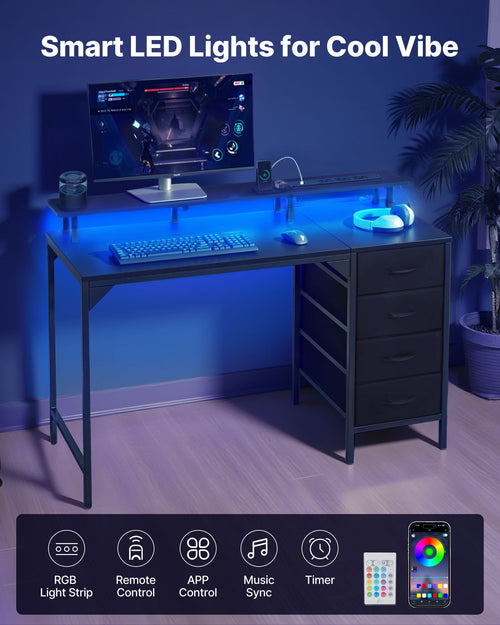 120 cm Computer Desk with Smart LED Lights and Power Outlets, Gaming