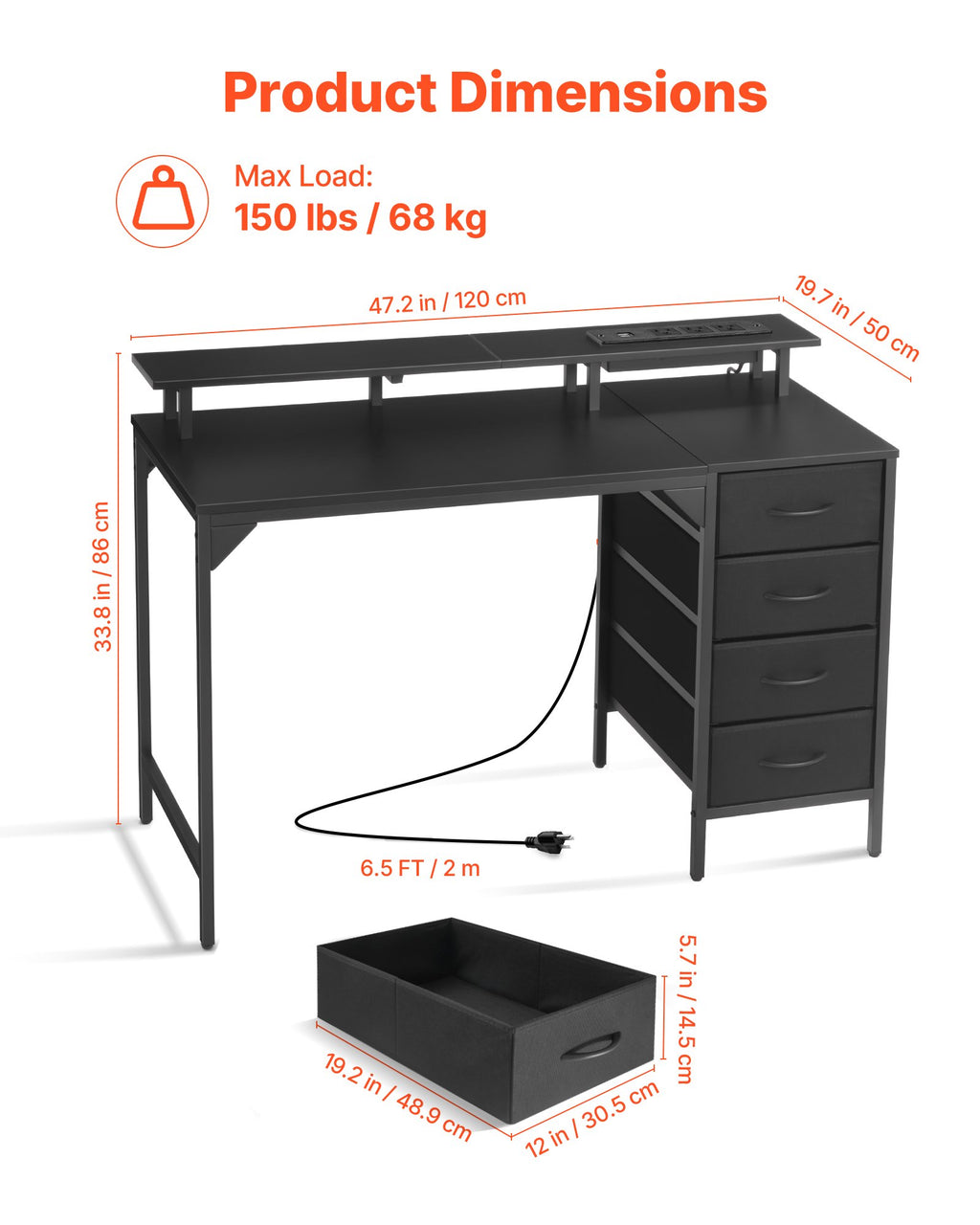 120 cm Computer Desk with Smart LED Lights and Power Outlets, Gaming
