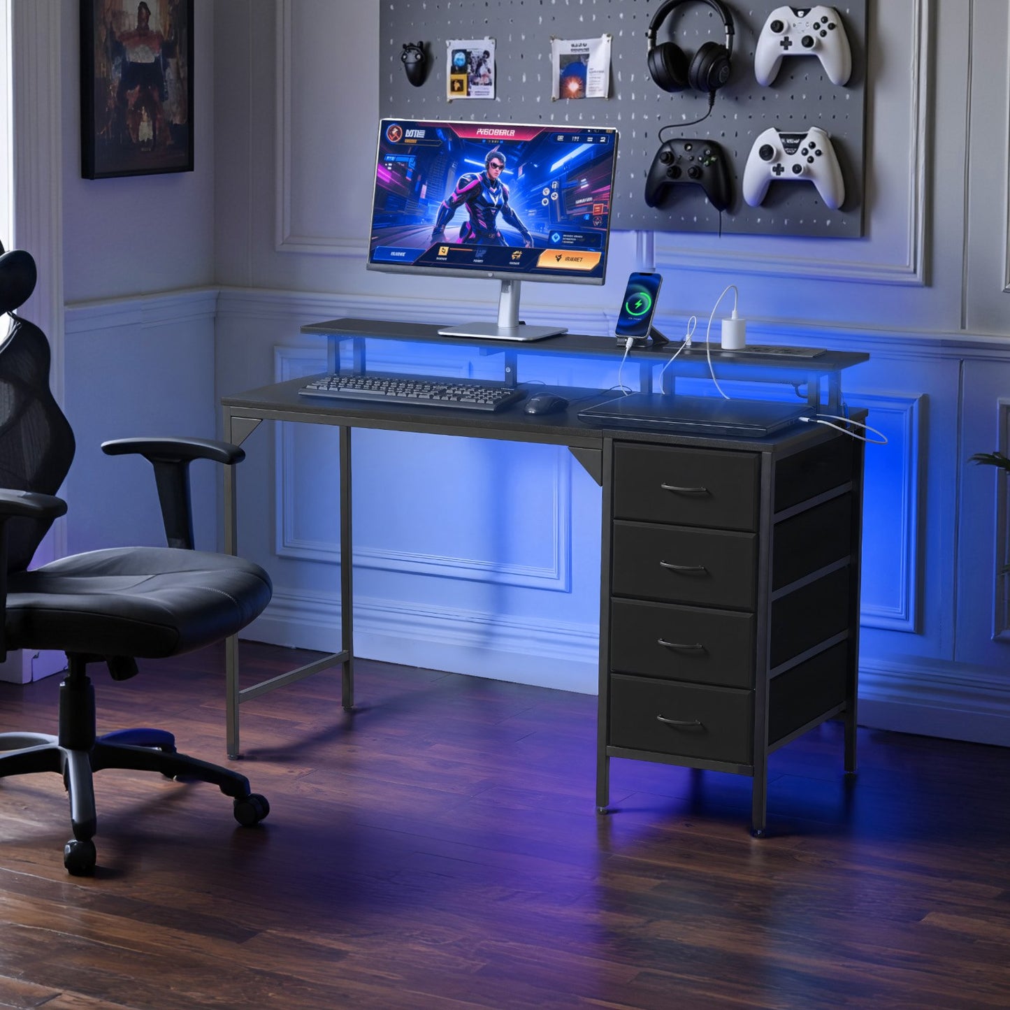 120 cm Computertisch mit intelligenten LED-Leuchten und Steckdosen, Gaming