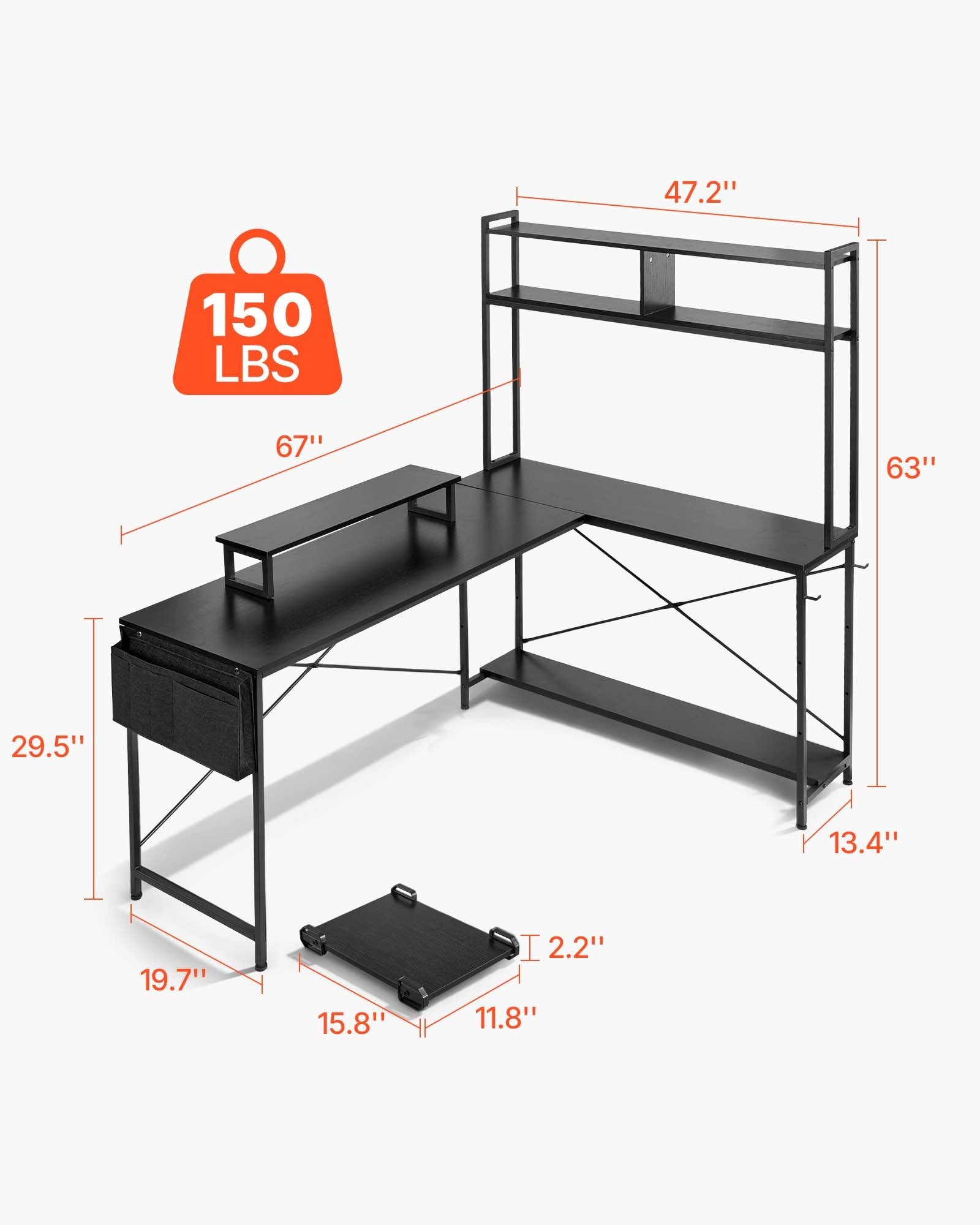 L-Shaped Computer Desk, 1.7m Reversible Corner Gaming Desk with