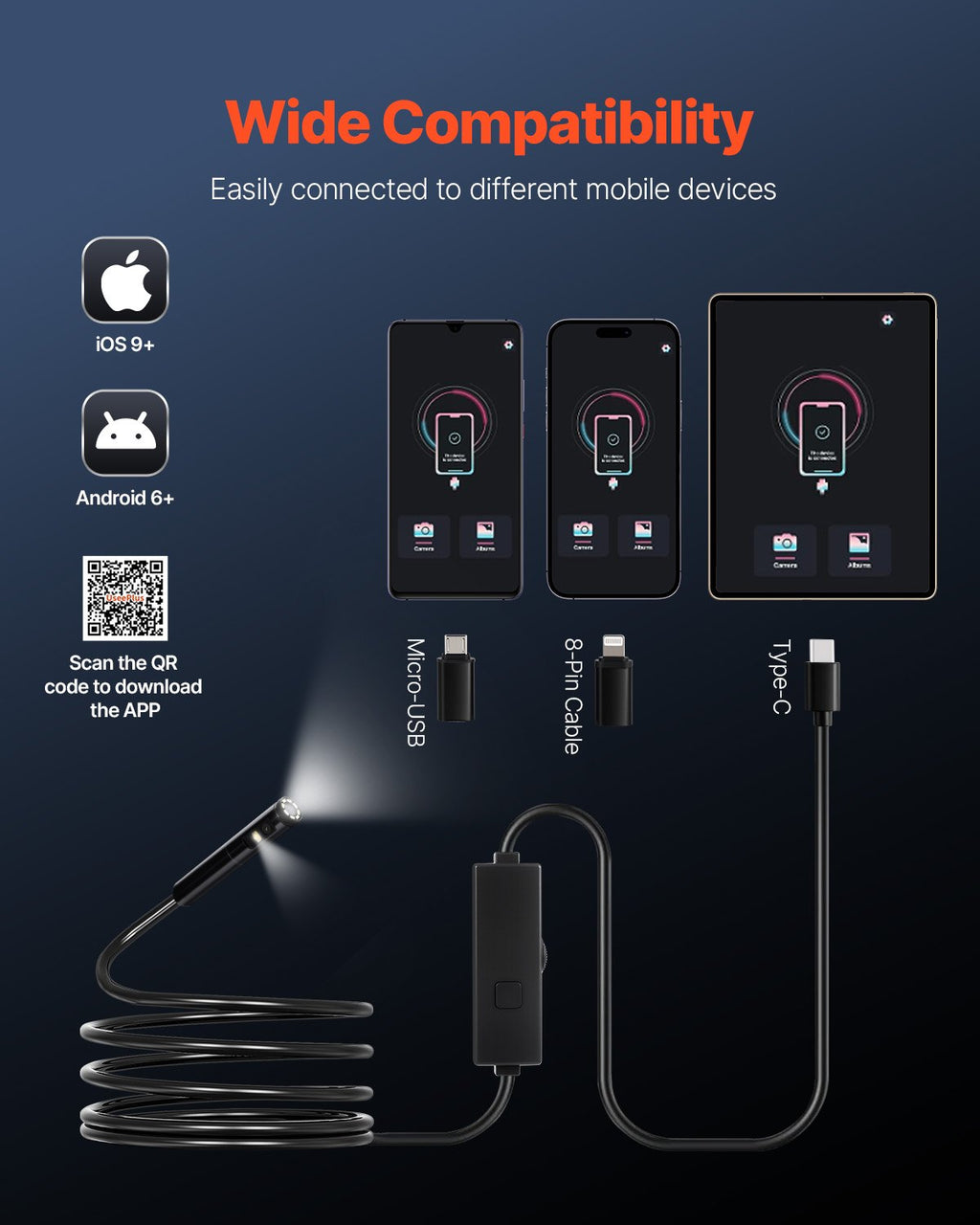 Endoscope Camera with Light, Dual Lens Borescope for Android & IOS,