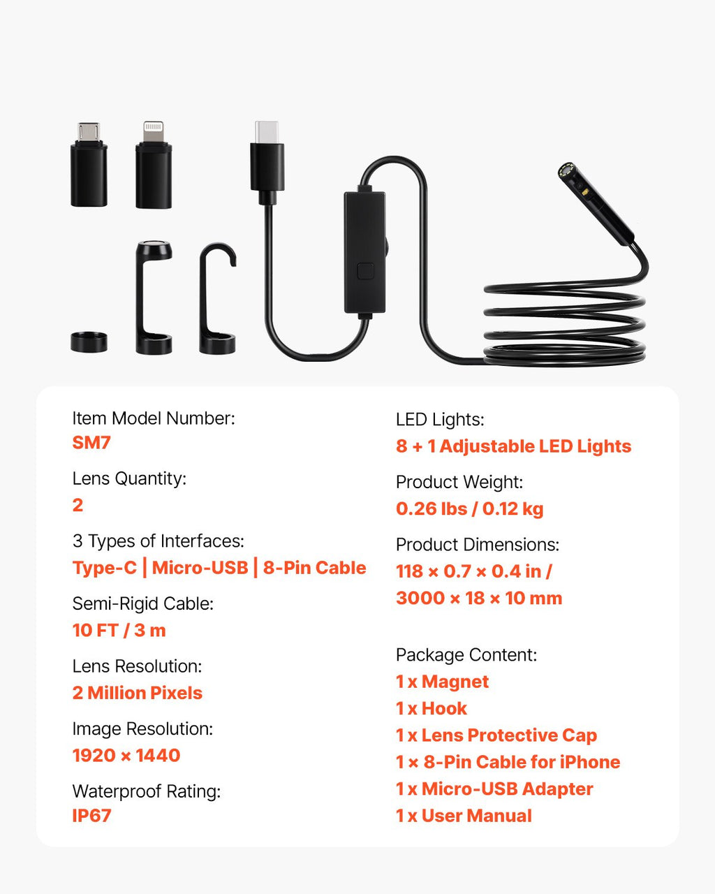 Endoscope Camera with Light, Dual Lens Borescope for Android & IOS,