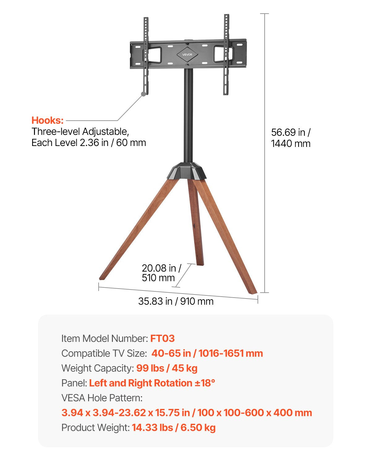 Soporte de TV de trípode con caballete, para televisores de pantalla plana/curva de 40 a 65 pulgadas de hasta 99