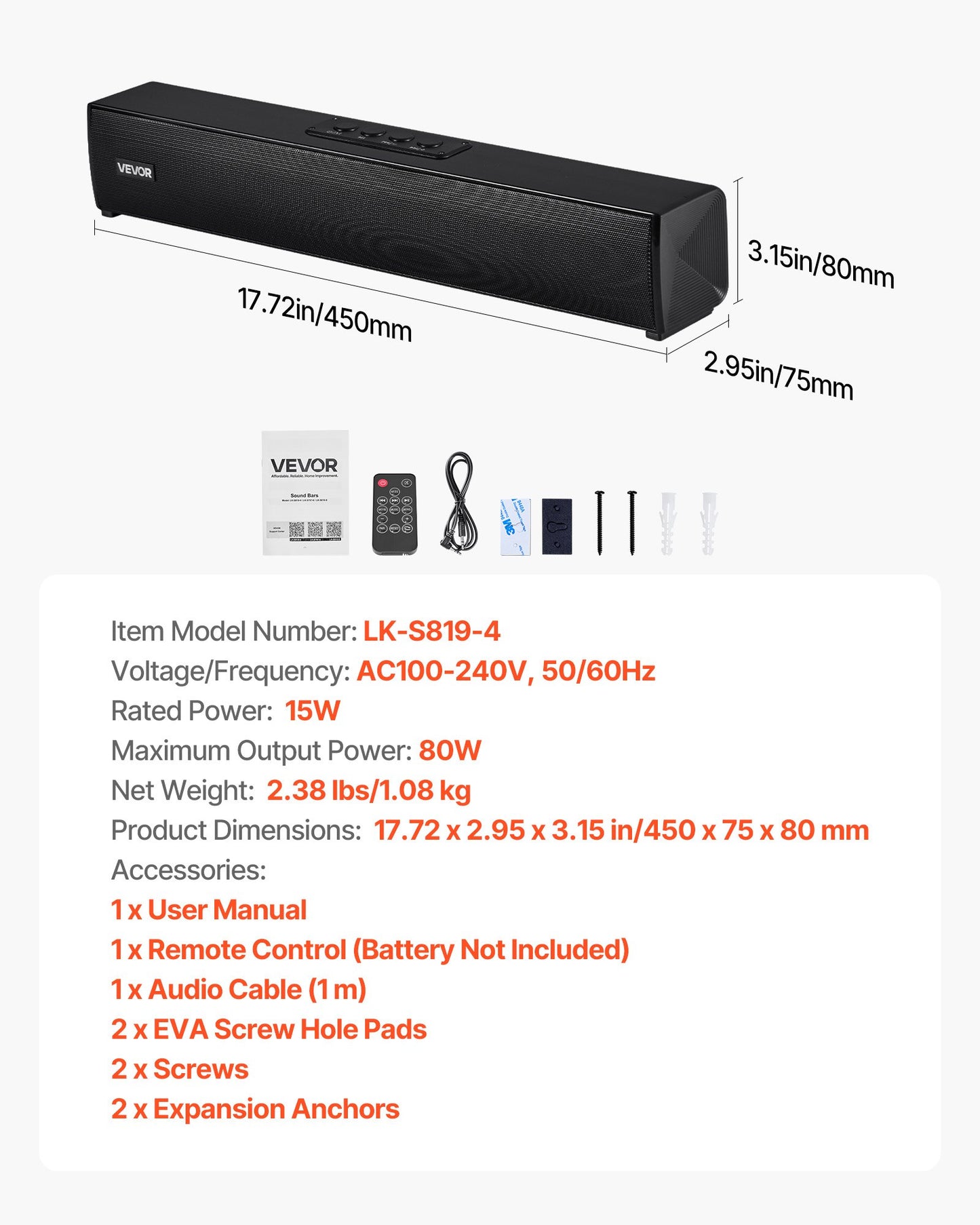 Soundbar für Smart-TV, 2.0-Kanal, 450 mm kompakte Soundbar für TV